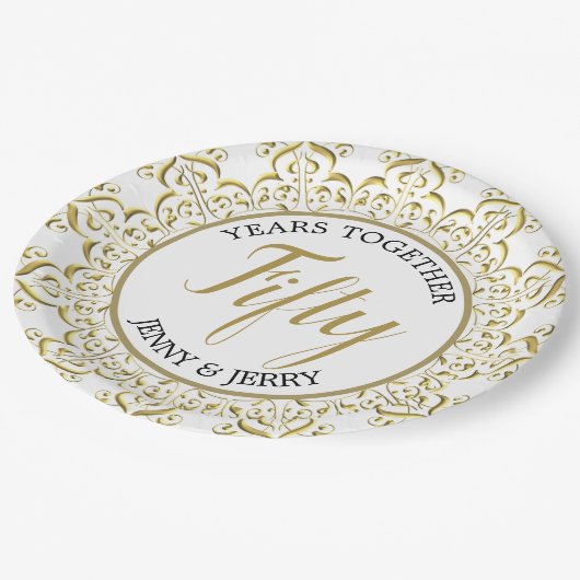 Gold und Weiß klassische Papierplatte Pappteller (Schrägansicht)