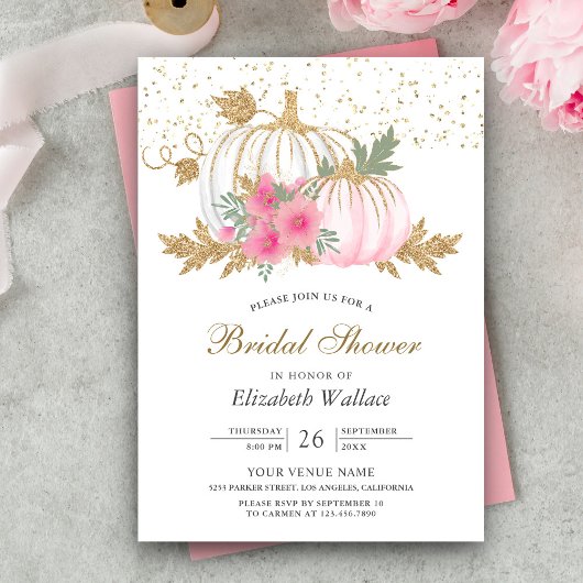 Gold und Weiß Kürbis Pink Blumen Brautparty Einladung