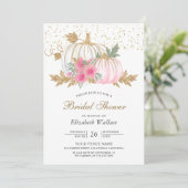Gold und Weiß Kürbis Pink Blumen Brautparty Einladung (Stehend Vorderseite)