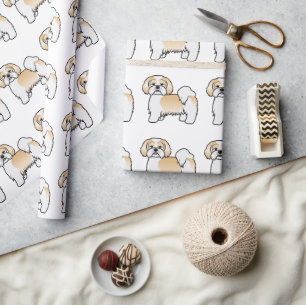Gold- und Weiß-Lhasa-Apso-Cartoon-Hundemuster Geschenkpapier