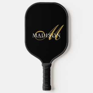 Gold und Weiß   Modernes Monogramm Schwarz Pickleball Schläger
