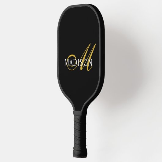 Gold und Weiß | Modernes Monogramm Schwarz Pickleball Schläger (Links)