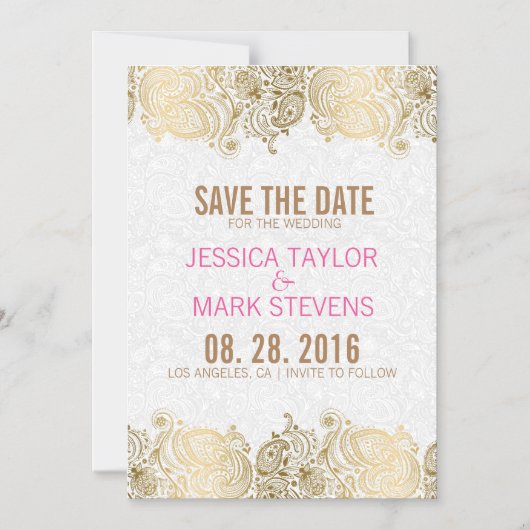 Gold und Weiß Paisley Lace & Damask Magneteinladung (Vorderseite)