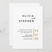 Gold und Weiß. Stilvolle minimale Typografie-Hochz Einladung (Vorne/Hinten)