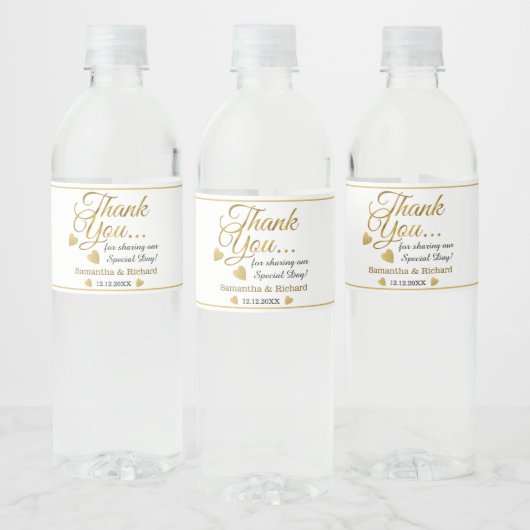 Gold und Weiß Vielen Dank für Ihre Hochzeitsfeier Wasserflaschenetikett (Flaschen)