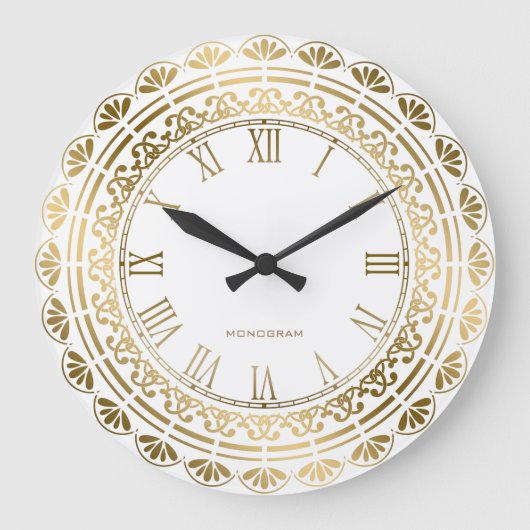 Gold und Weiß, Vintage Blumenmuster Große Wanduhr (Vorderseite)