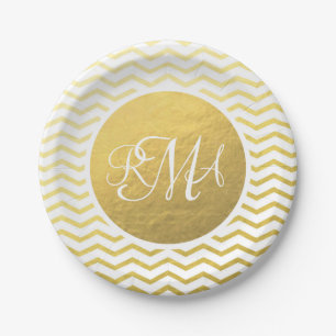 Gold und Weiß Zickzack Mit Monogramm Personalisie Pappteller