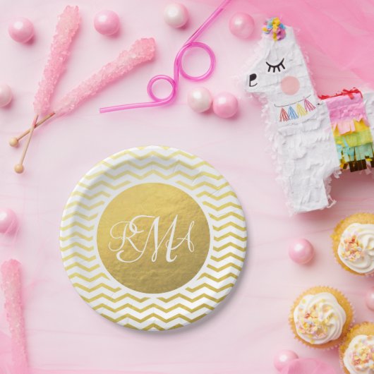 Gold und Weiß Zickzack Mit Monogramm Personalisier Pappteller (Party)