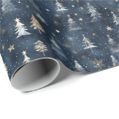 Gold und weiße Bäume, Sterne auf dunkelblauem Hint Geschenkpapier (Rolleneckpunkt)