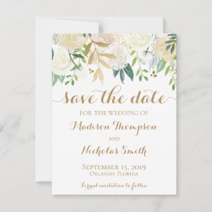Gold und Weiße Blume Hochzeit sichern Datumskarte Save The Date