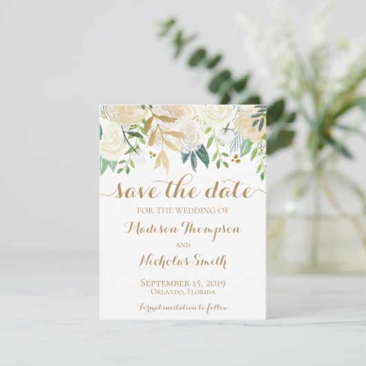 Gold und Weiße Blume Hochzeit sichern Datumskarte Save The Date (Stehend Vorderseite)