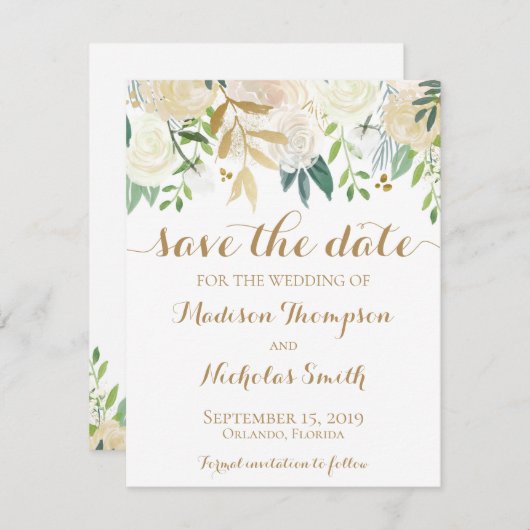 Gold und Weiße Blume Hochzeit sichern Datumskarte Save The Date (Vorne/Hinten)