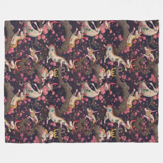 Gold und Weiße Drachen mit Kirschblüten Fleecedecke (Vorderseite (Horizontal))