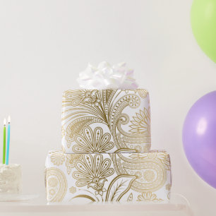 Gold- und weiße elegante Vintage-Blumen-Paisleymus Geschenkpapier
