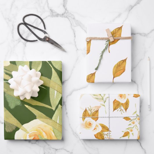 Gold- und Weiße Rosen und Foliage Geschenkpapier Set (Vorderseite)