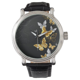 Gold und weiße Schmetterlinge Armbanduhr