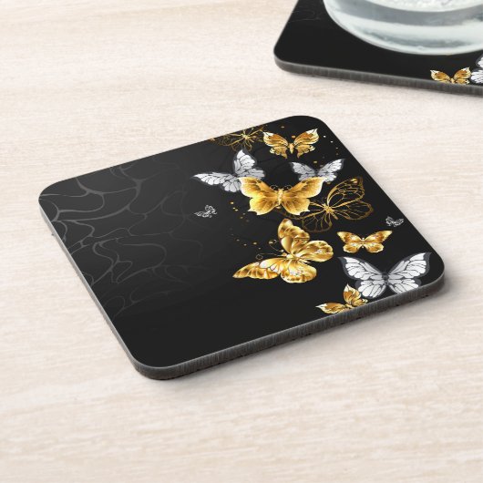Gold und weiße Schmetterlinge Getränkeuntersetzer (Linke Seite)