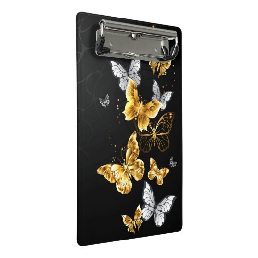 Gold und weiße Schmetterlinge Mini Klemmbrett (Schrägansicht)