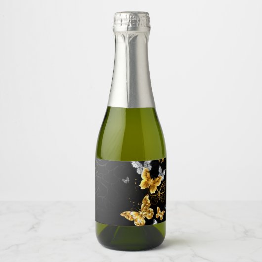 Gold und weiße Schmetterlinge Schaumweinetikett (Vorderseite)