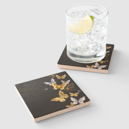 Gold und weiße Schmetterlinge Steinuntersetzer (Seitenansicht)