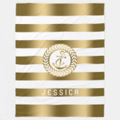 Gold und weiße Streifen mit goldenem, nautischem A Fleecedecke (Vorderseite)