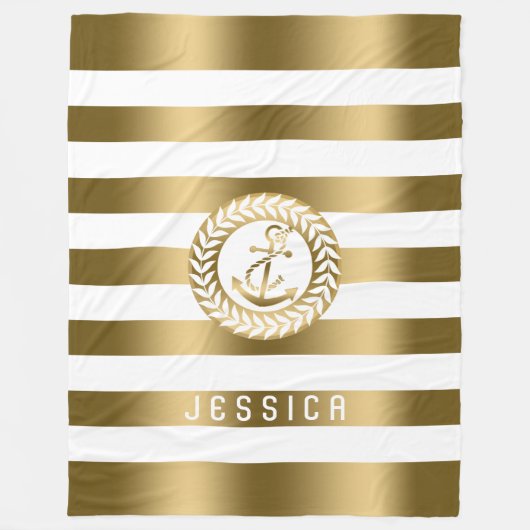Gold und weiße Streifen mit goldenem, nautischem A Fleecedecke (Vorderseite)