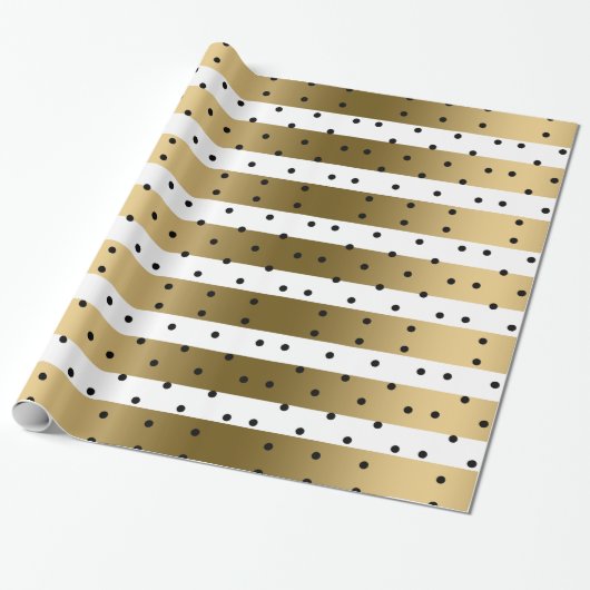 Gold und weiße Streifen mit schwarzen Polka-Punkte Geschenkpapier (Ungerollt)