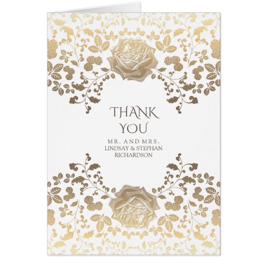 Gold und weiße Vintage Blumenhochzeit danken Ihnen Karte