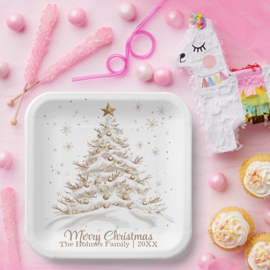 Gold und weiße Weihnachtsbaume mit Familienname Pappteller (Party)