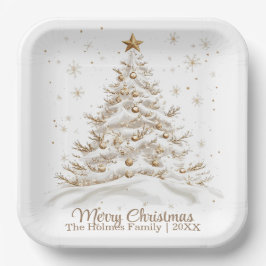 Gold und weiße Weihnachtsbaume mit Familienname Pappteller