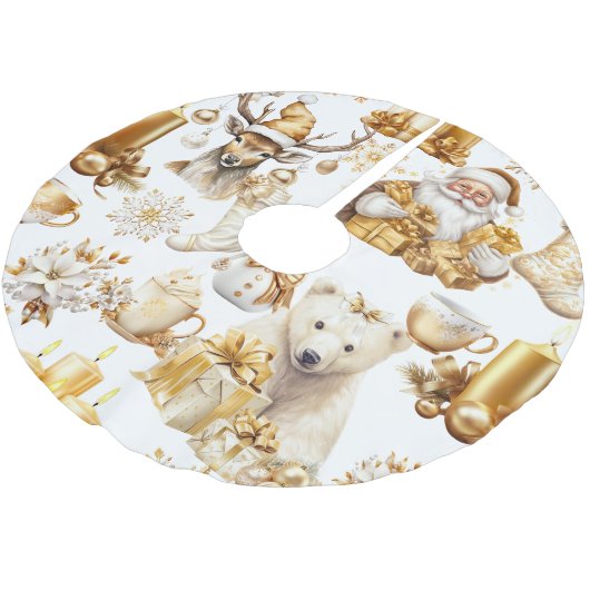 Gold und weiße Weihnachtssymbole Polyester Weihnachtsbaumdecke (Schrägansicht)