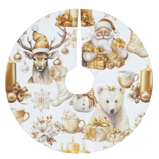 Gold und weiße Weihnachtssymbole Polyester Weihnachtsbaumdecke (Vorderseite)