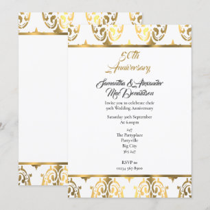 Gold- und weißer Damast 50. Hochzeitstag Einladung