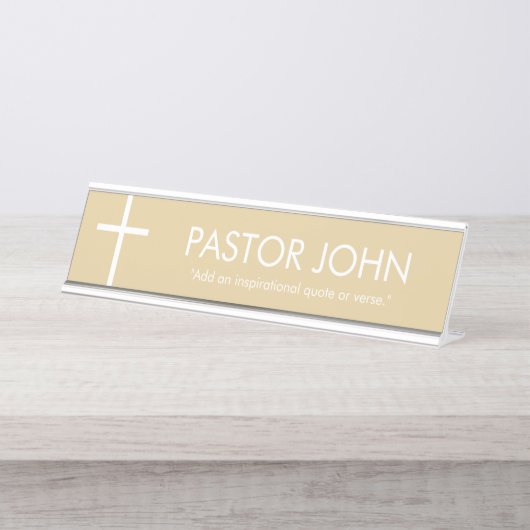Gold und Weißes Einfaches Kreuz Schreibtischnamensplakette (Vorderseite )