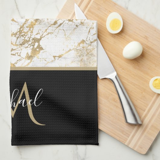 Gold- und Weißmarmor mit Schwarz-Monogramm Geschirrtuch (Viertel Falte)