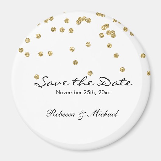 Gold- und Weißpolka-Dots-Glitzer Save the Date Magnet (Vorne)