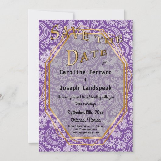 Gold- und White Damask-Blume Save the Date Lila (Vorderseite)