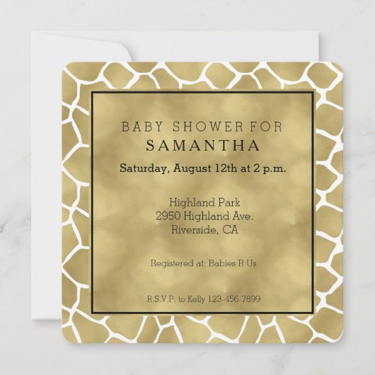 Gold und White Giraffe Print Baby Dusche Einladung (Vorderseite)