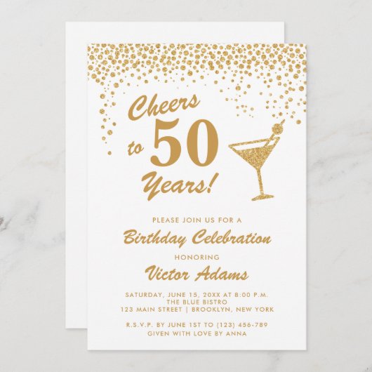 Gold und White Martini Geburtstag Einladung (Vorne/Hinten)