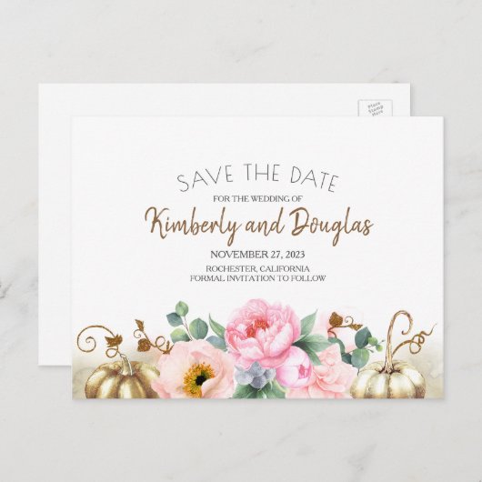 Gold und White Pumpkin Pink Save the Date Ankündigungspostkarte (Vorne/Hinten)