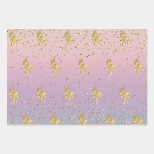 Gold Unicorn Rainbow Glitz Sparkle Geschenkpapier Set (Vorderseite)