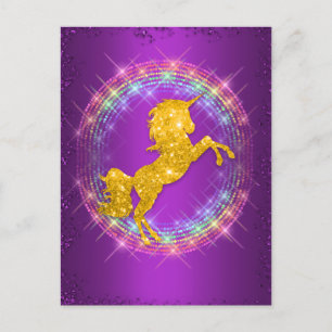 Gold Unicorn Regenbogen-Glitzern auf Lila Feiertagspostkarte