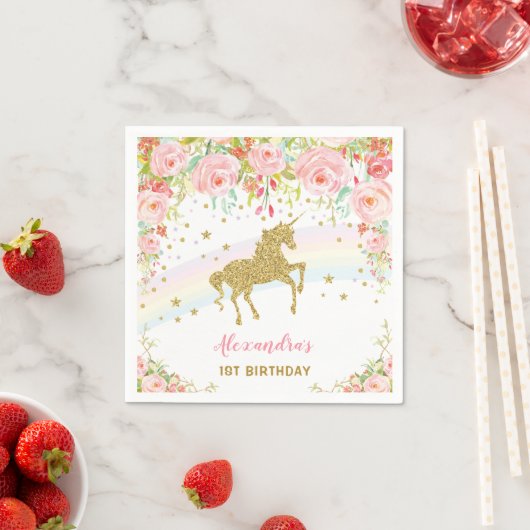 Gold Unicorn Rosa Blumengeburt Papier Napkin Serviette (Beispiel)
