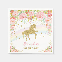 Gold Unicorn Rosa Blumengeburt Papier Napkin Serviette