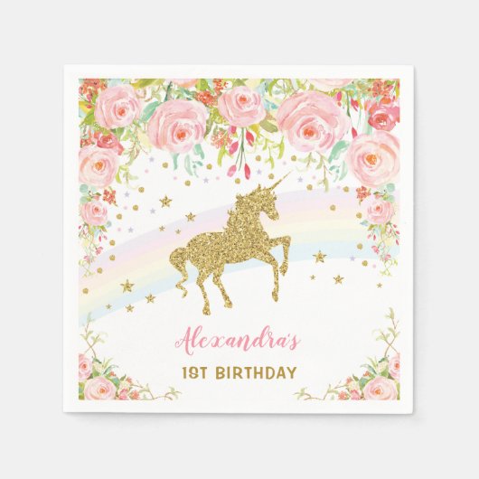 Gold Unicorn Rosa Blumengeburt Papier Napkin Serviette (Vorderseite)