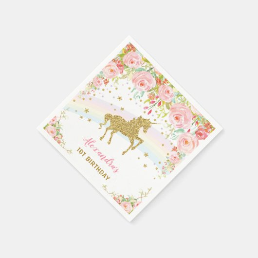 Gold Unicorn Rosa Blumengeburt Papier Napkin Serviette (Ecke)
