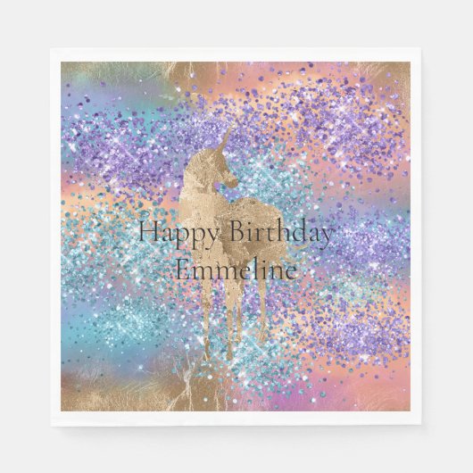Gold Unicorn Sparkle Lila Aqua Rosa Glitzer Name Serviette (Vorderseite)