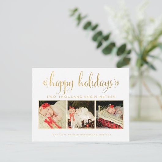 Gold Unsere Babys 1. Weihnachtsrahmen Foto Postcar Postkarte (Stehend Vorderseite)