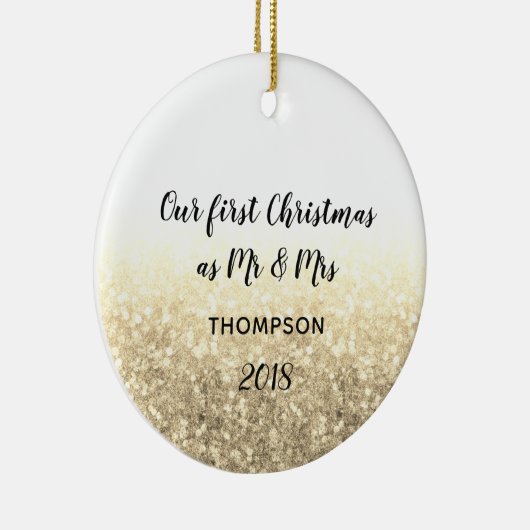 Gold Unsere ersten Weihnachten Mr. & Mrs. Keramik Ornament (Rechts)