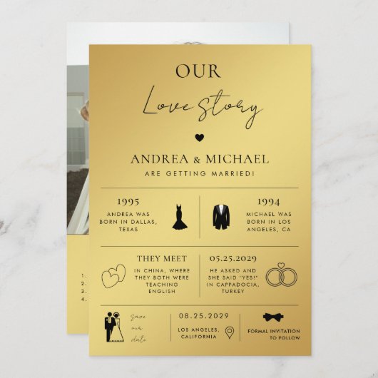 Gold Unsere Liebe Story Infographic Foto Hochzeit Einladung (Vorne/Hinten)